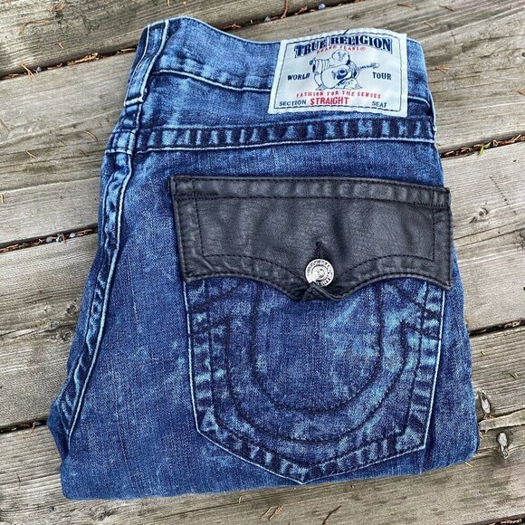 Vintage True Religion Jeans Size 34 Straight 'Leather Tab' Blue - Picture 1 of 7